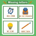 Vector illustration for kids with the game missing letters. Educational page for children, classes on dyslexia.